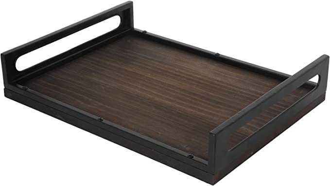 Wood Serving Tray with Cutout Handles, 16 x 12 Inch Matte Black Metal and Burnt Brown Wooden Party Server Tray-MyGift