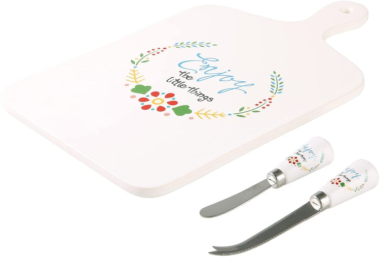 Floral Design Cheese Serving Platter White Ceramic Cutting Board Tray with Cheese Knife and Spreader-MyGift