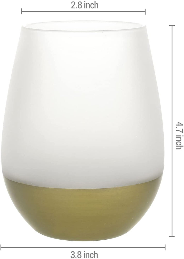 Set of 4, Stemless Wine Glasses with Frosted Glass and Brass Bottom Accent-MyGift