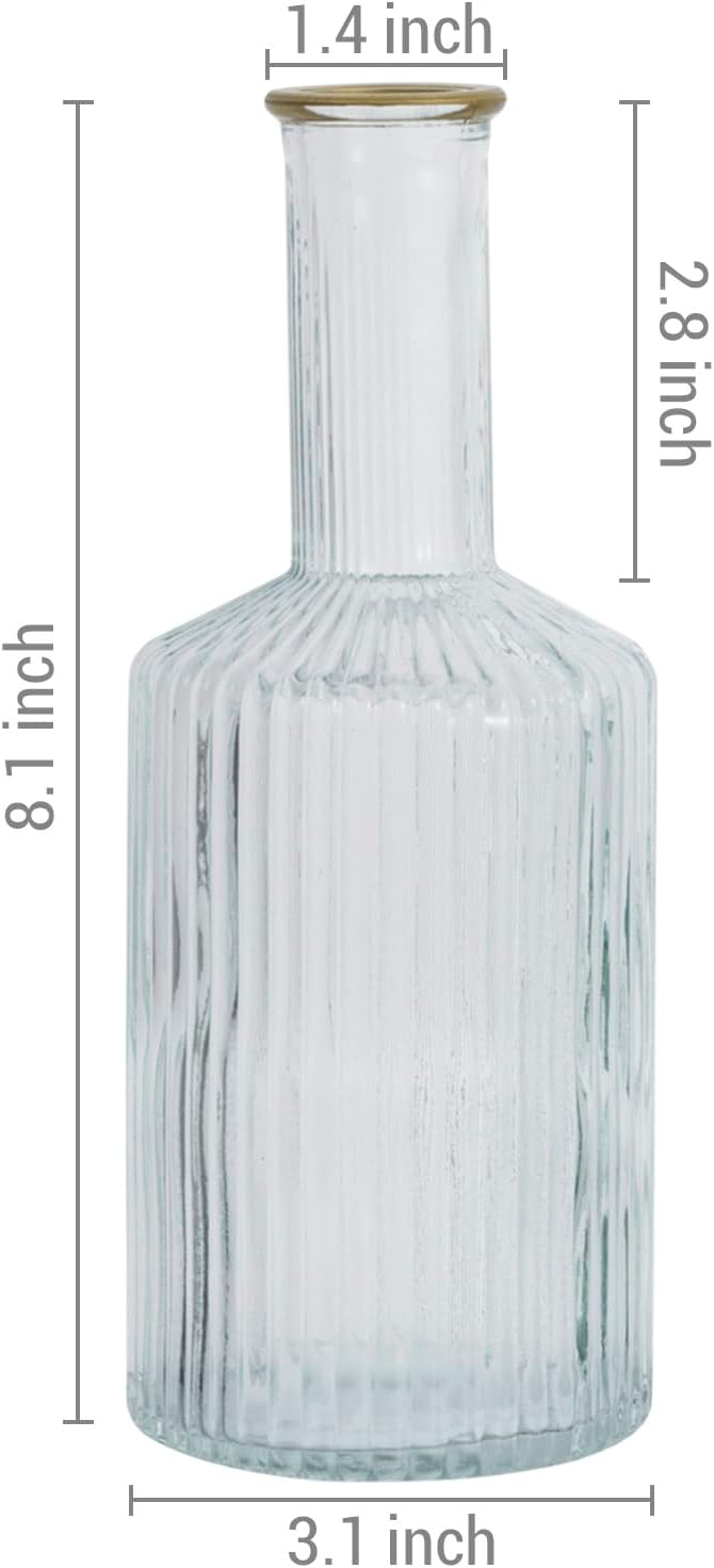 Reeded Glass Diffuser Bottles or Flower Bud Vases, Mixed Color Bottles with Brass Tone Edge and Embossed Ribbed Design-MyGift