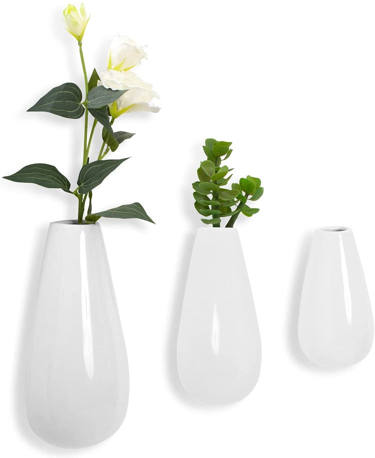 Set of 3, White Ceramic Oval Teardrop Shaped Wall Mounted Flower Vases Plant Holders-MyGift