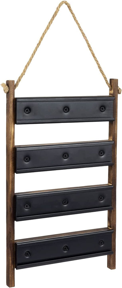 Wall Hanging Burnt Wood Coffee Pod Capsule Holder Rack with Tiered Black Metal Rung Sliding Storage and Rope Accent-MyGift