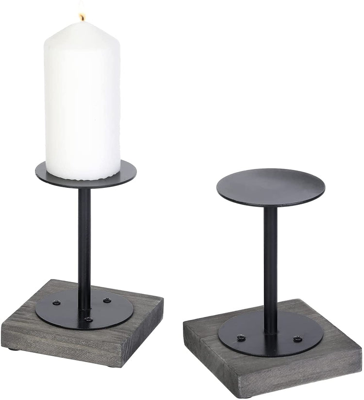 Set of 2, Candlestick Holder, Vintage Gray Wood and Metal Tabletop Pedestal Style Candle Stands-MyGift