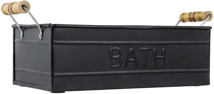 MyGift Matte Black Metal Bathroom Storage Basket with Wood Handles - Rectangular Bath Toiletries Holder and Organizer Bin with Embossed Bath Label 