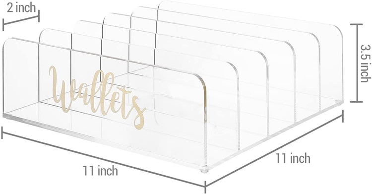 Clear Acrylic 5-Section Wallet Holder Closet Storage Organizer, Display Rack with Brass Cursive Lettering WALLETS Label-MyGift