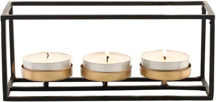 Candle Holder Centerpiece with Black Wire Rectangular Frame and Gold Bases for 3 Pillar or Tealight Candles-MyGift
