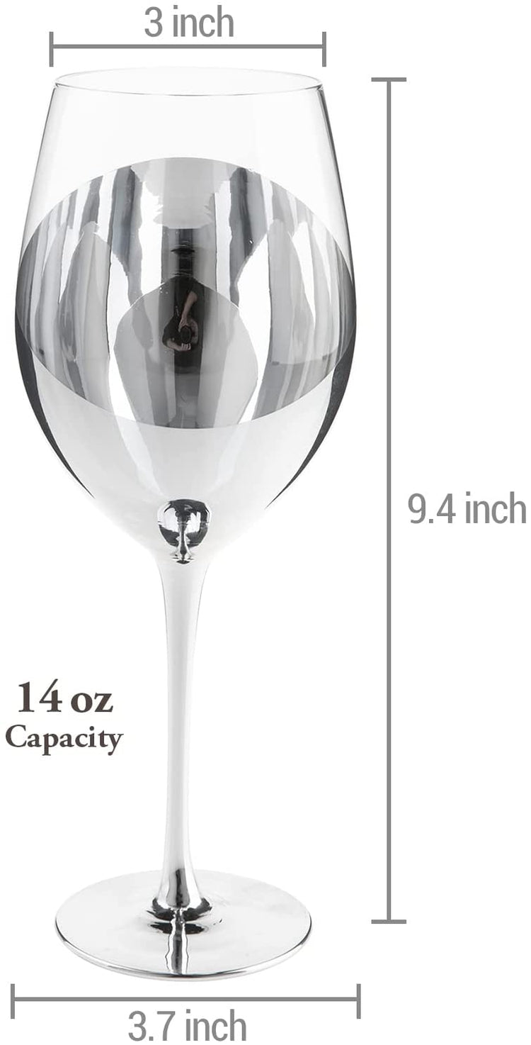 Set of 4, 14 oz Stemmed Wine Glasses with Silver Angled Metallic Accent-MyGift