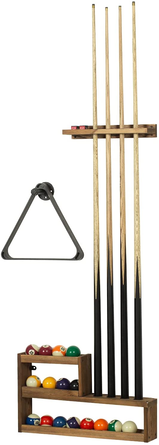 Pool Cue Rack Set, Burnt Wood Billiards Cue Stand Wall Mount Holder, Ball Storage with Pipe Triangle Rack Hanging Hook-MyGift