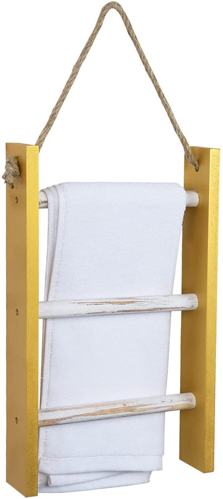 3 Tier Brass Tone and Whitewashed Wood Wall Hanging Hand Towel Storage Ladder with Rustic Rope-MyGift