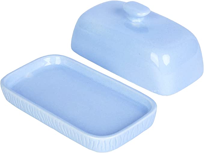 Sky Blue Ceramic Butter Dish, Etched Rectangular Butter Stick Tray with Cover Lid-MyGift