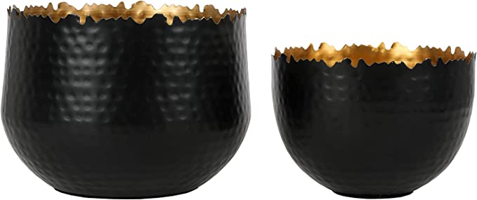 Matte Black Metal Plant Pot with Jagged Live Edge & Hammered Design, Round Planter Bowl with Gold Interior, 2 Piece Set-MyGift