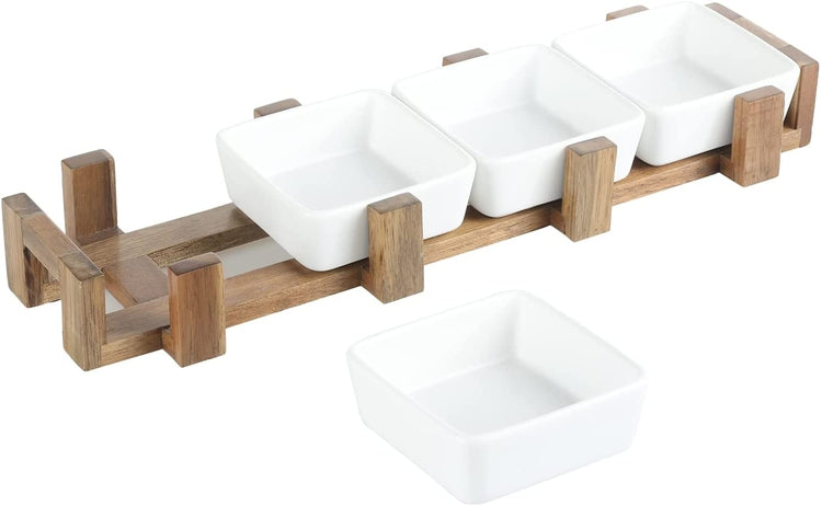 Acacia Wood Serving Tray with Removable Square White Ceramic Ramekins for Dips, Sauces, or Appetizers-MyGift