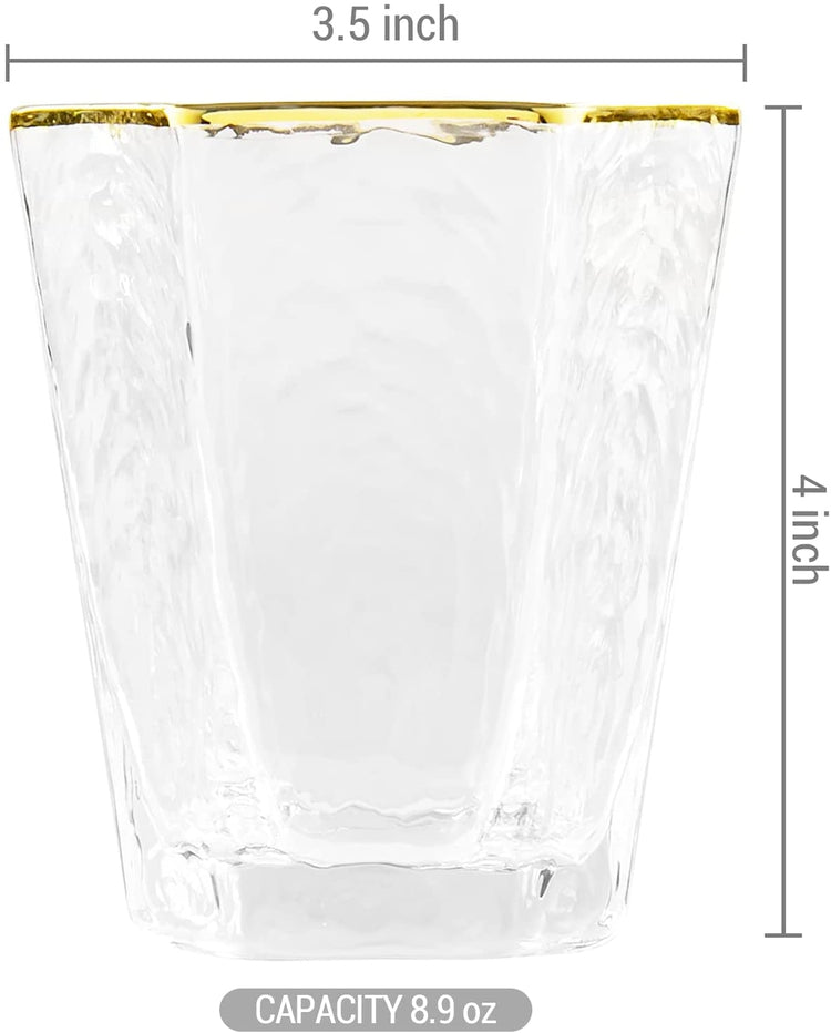 Set of 4, Low-Ball Cocktail Glasses, Ripple Pattern Hexagon Gold Rimmed Old-Fashioned Drinkware Glasses-MyGift