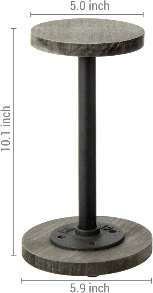 Set of 2, Weathered Gray Wood Hat Stand with Industrial Black Metal Pipe, Tabletop Wig Holder Rack Pedestal Riser-MyGift