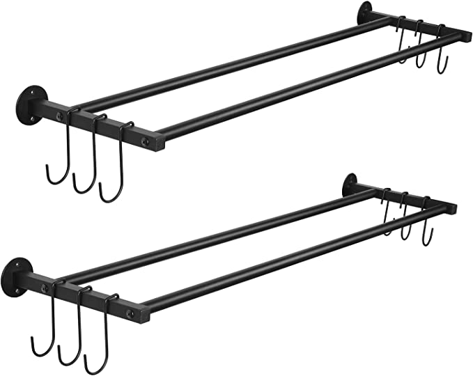 Wall Mounted Black Metal Sports Ball Holder with Hanging Hooks, Gym Wall Organizer Rack, Set of 2-MyGift