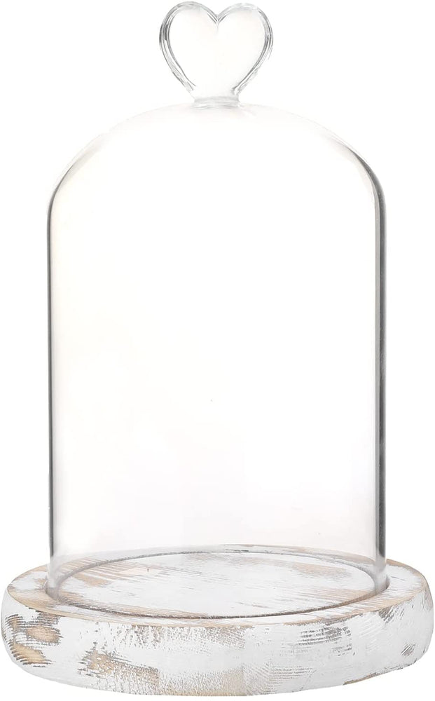 Mini Tabletop Display Case Dome with Whitewashed Wooden Base and Clear Glass Cloche Bell Cover with Heart Handle-MyGift