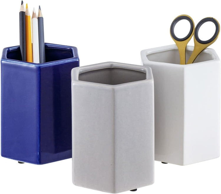 Set of 3, Hexagonal Multi-Colored Ceramic Desktop Pencil, Stationery Holders (White, Gray, Blue)-MyGift