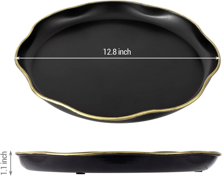 Art Deco Matte Black Metal and Brass Tone Rim Serving Platter with Scalloped Edges, Round Vanity Tray Display-MyGift