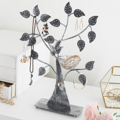 Silver Metal Tabletop Jewelry Tree with Bird Nest-MyGift