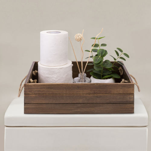 Rustic Brown Wood Storage Crate w/ Rope Handles-MyGift