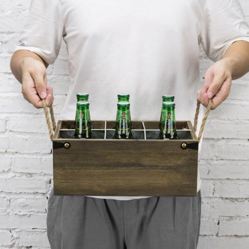 6-Slot Barnwood & Galvanized Metal Wine/Beer Bottle Crate with Handles - MyGift