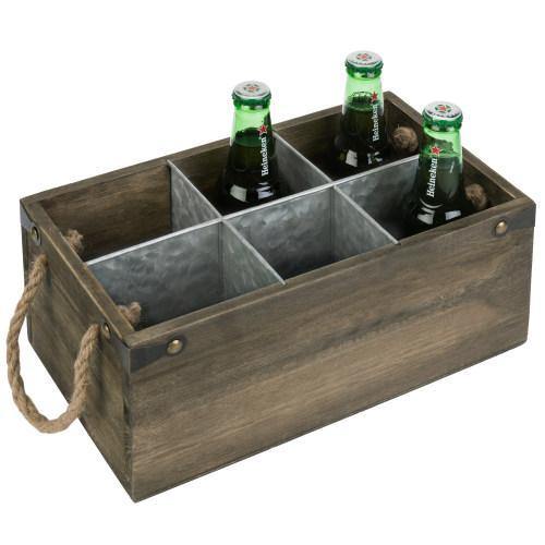 6-Slot Barnwood & Galvanized Metal Wine/Beer Bottle Crate with Handles - MyGift