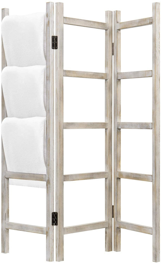 3 Panel Vintage Whitewashed Wood Ladder Style Blanket Towel Rack