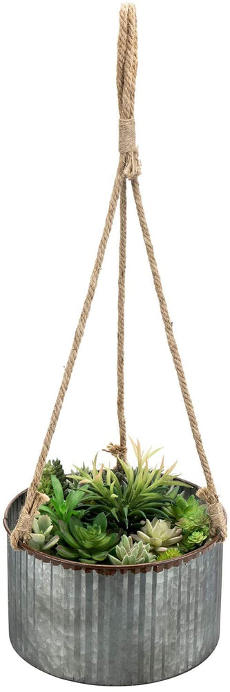 10-Inch Galvanized Silver Metal Hanging Planter with Thick Jute Rope-MyGift