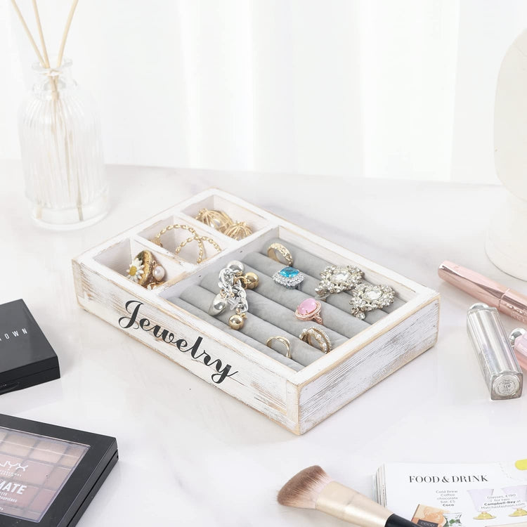 Whitewashed Wood Jewelry Organizer Box, Storage Tray with Decorative Cursive JEWELRY Label Design-MyGift