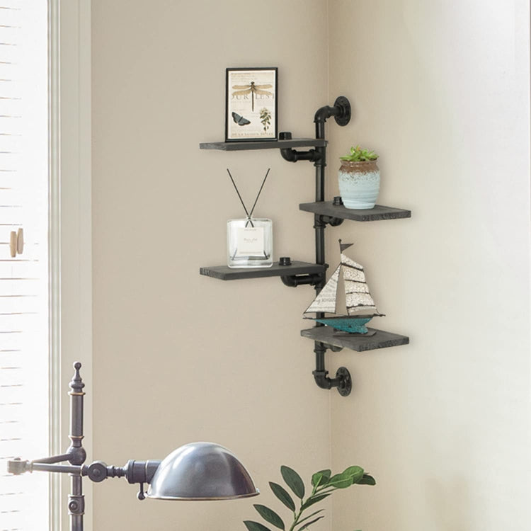 4-Tier Weathered Gray Wood Corner Floating Shelf with Industrial Metal Pipe, Wall Mounted Display Rack-MyGift