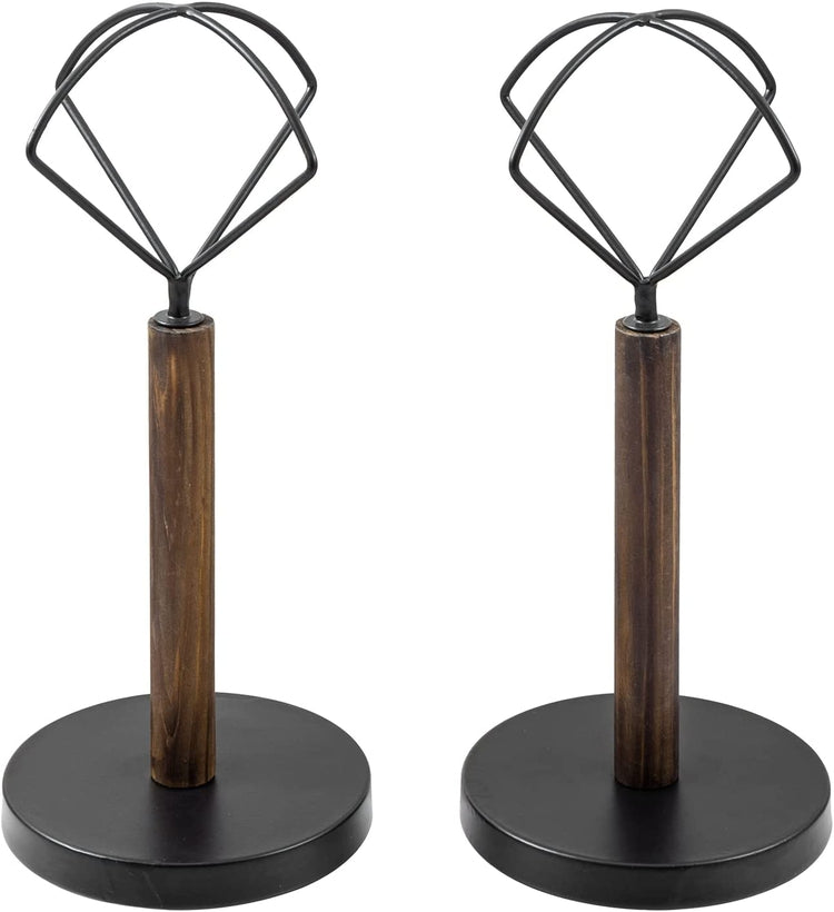 Set of 2, Burnt Wood and Geometric Black Metal Wire Hat Stand, Tabletop Wig Holder Retail Display Vanity Storage Rack-MyGift