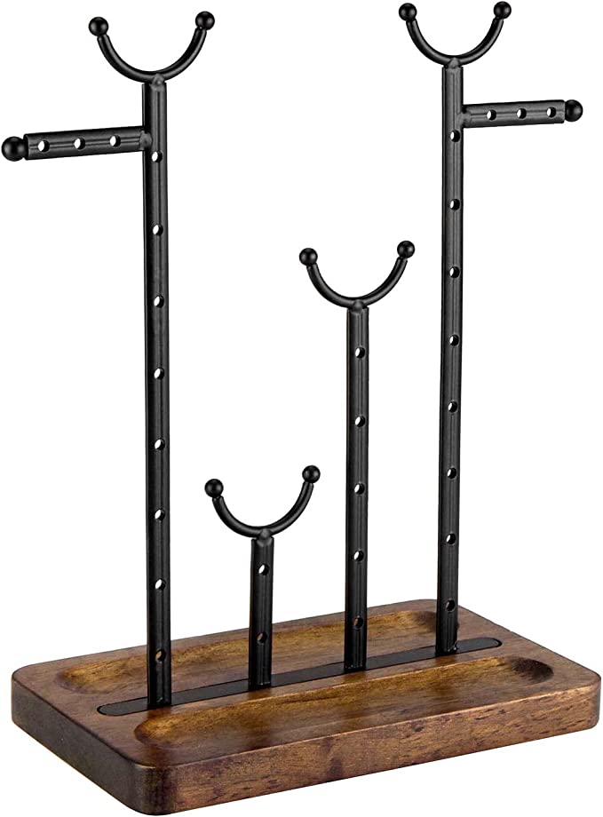 Dark Brown Coffee Tone Jewelry Organizer Stand, Metal Necklace Hanger and Earring Storage with Wooden Ring Tray Base-MyGift