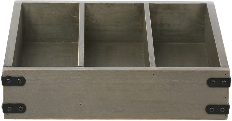 3-Compartment Gray Wood VHS Storage Box, Video Tape Retro Display Holder with Decorative Metal Corner Wraps-MyGift