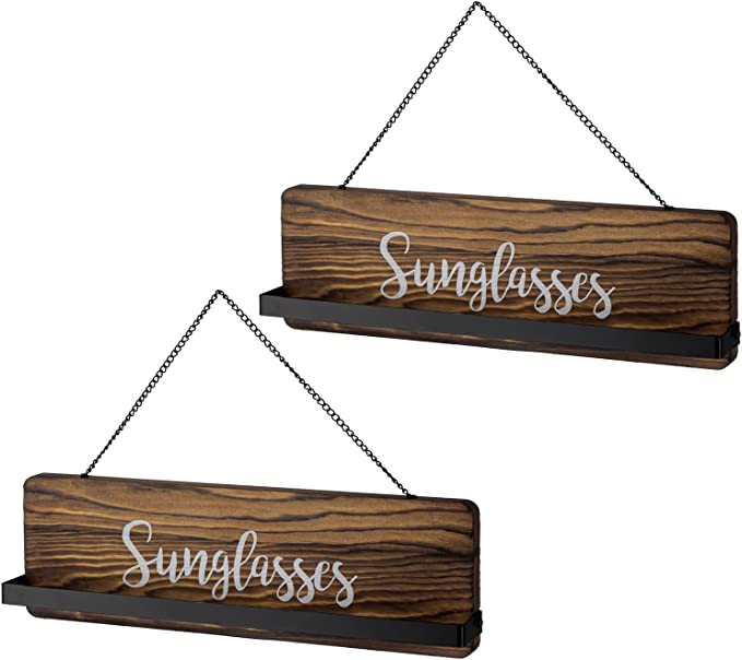 Rustic Burnt Wood Wall Mounted Sunglasses Storage Holder with Cursive Sunglasses Lettering, Set of 2-MyGift