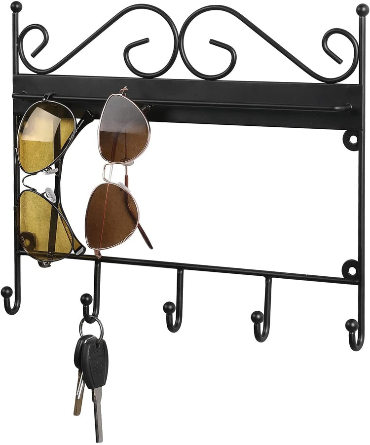 Black Metal Wire Hanging Sunglasses Holder for Home Wall Key Rack with 5 Hooks and Scrollwork Design-MyGift