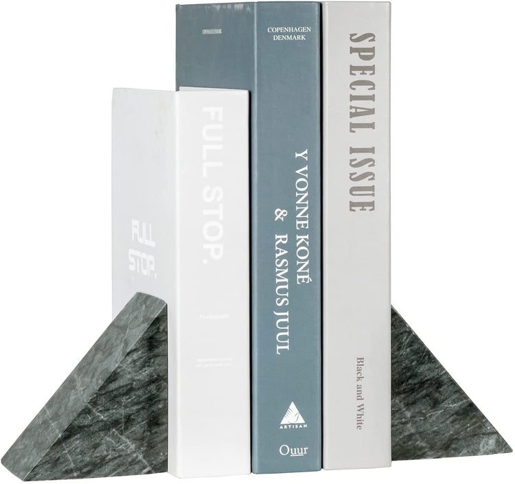 Set of 2, Black Marble Bookends, Decorative Heavy Stone Triangle Design Geometric Non-Slip Book Stopper Bookends-MyGift