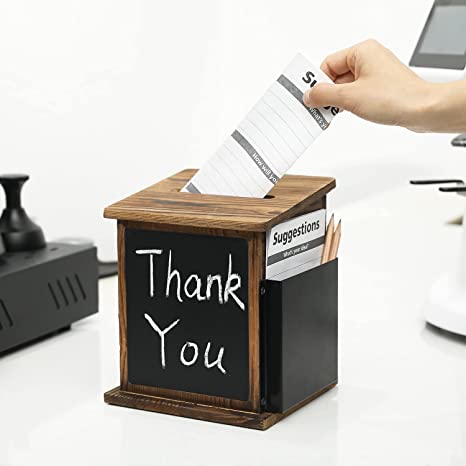 Wall Mounted Burnt Solid Wood Collection Box/Suggestion Box with Black Metal Card Holder, Chalkboard Label and Lock-MyGift