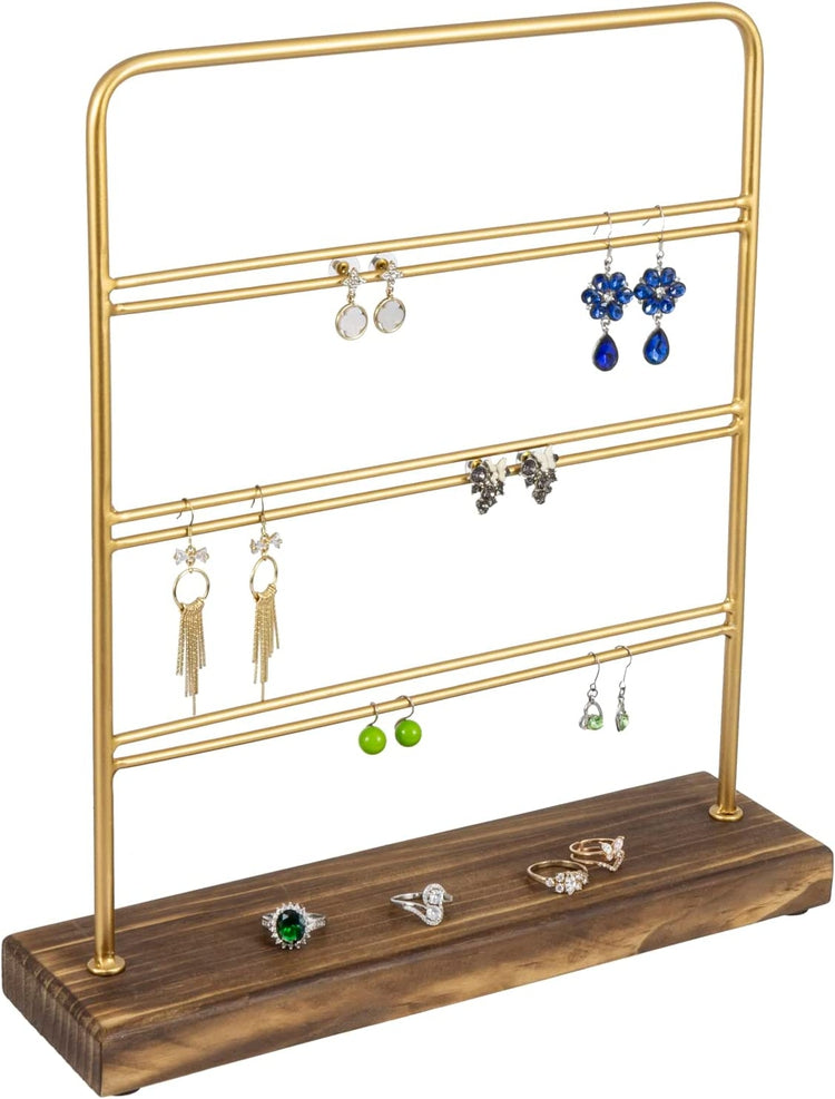 3 Tier Vintage Brass Tone Metal and Burnt Wood Earring Holder, Jewelry Organizer Display Tower-MyGift
