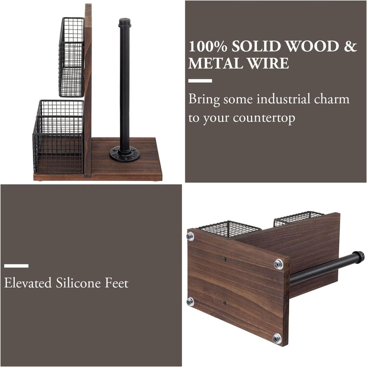 Dark Brown Wood and Black Metal Napkin Holders with Paper Towel Roll Stand and Spice Rack-MyGift