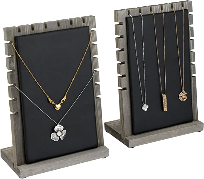 Gray Wood Necklace Display with Black Padded Mat on Removable Board, Tabletop Bracelet Easel Rack, Set of 2-MyGift
