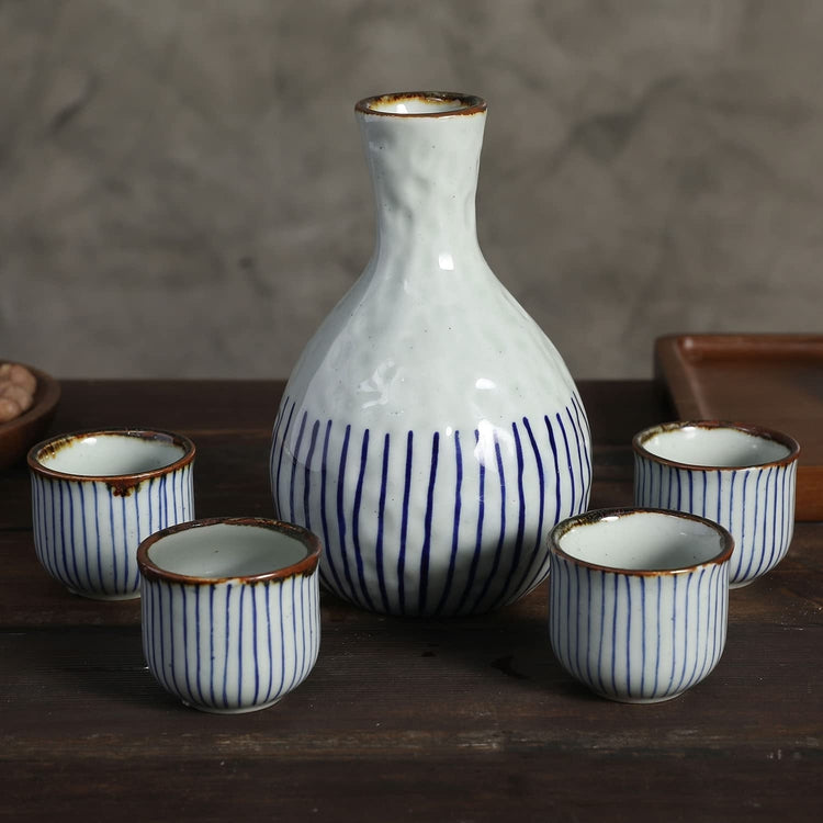 Traditional Japanese Blue Striped Ceramic 5 Piece Sake Set with Serving Carafe and 4 Drinking Cups-MyGift