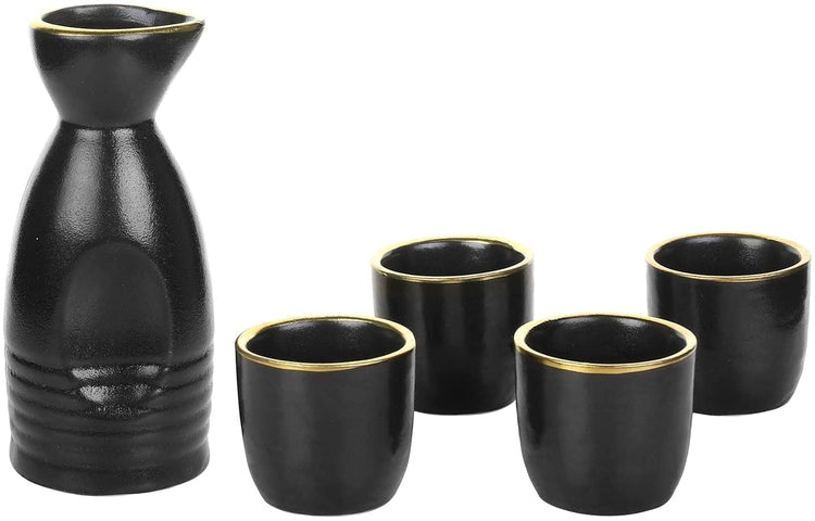 5 pc Japanese Oriental Style Black and Gold Rim Ceramic Sake Set with Serving Carafe Bottle and 4 Shot Cup Glasses-MyGift