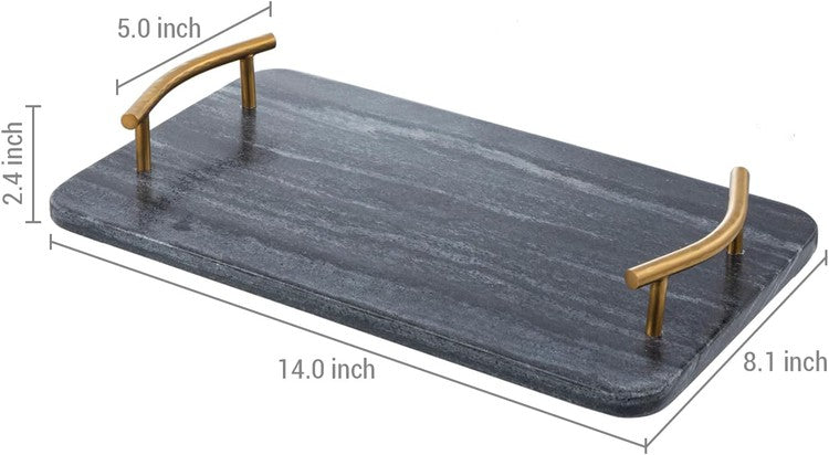14 Inch Dark Gray Marble Rectangular Serving Tray with Curved Brass Tone Metal Handles, Dining Table Platter-MyGift