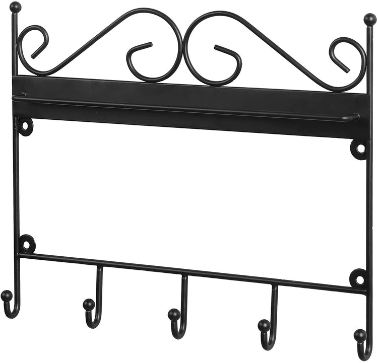 Black Metal Wire Hanging Sunglasses Holder for Home Wall Key Rack with 5 Hooks and Scrollwork Design-MyGift