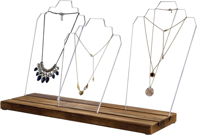 3 Panel Clear Acrylic Necklace Holder with Wood Base, Jewelry Display Stand-MyGift
