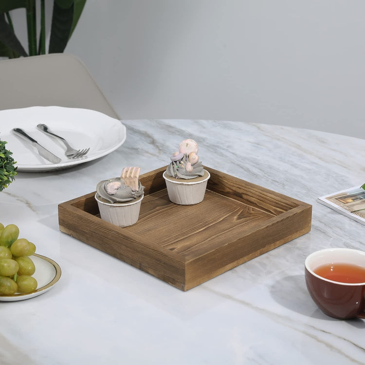 Burnt Wood Square Serving Tray with Handles, 10-Inch Wooden Ottoman, Coffee Table, Centerpiece Tray-MyGift