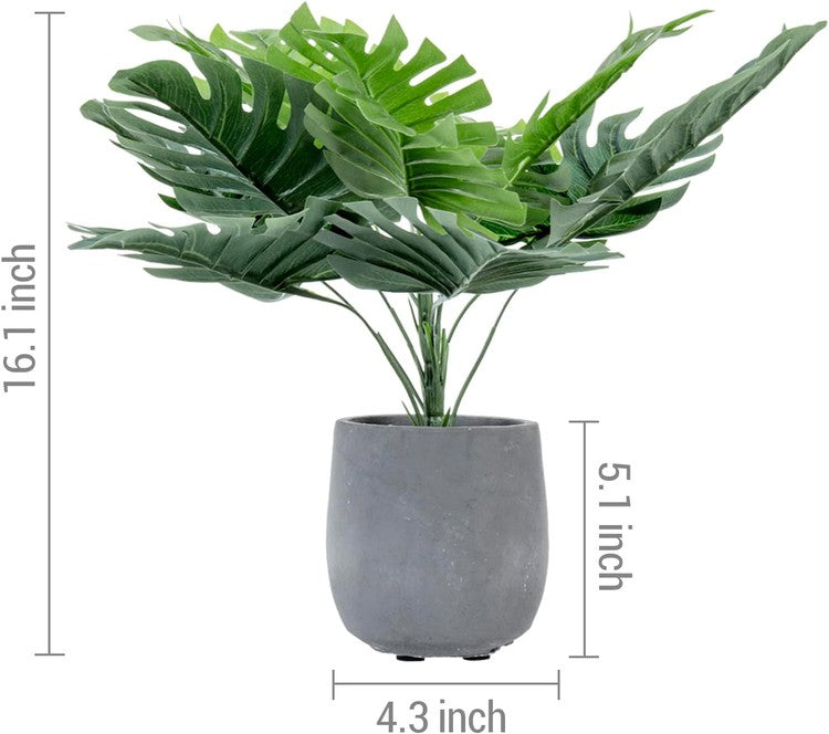 Tall Artificial Monstera and Banana Leaf Plant in Gray Concrete Planter Pots, Tabletop Faux Greenery Potted Indoor Plant-MyGift