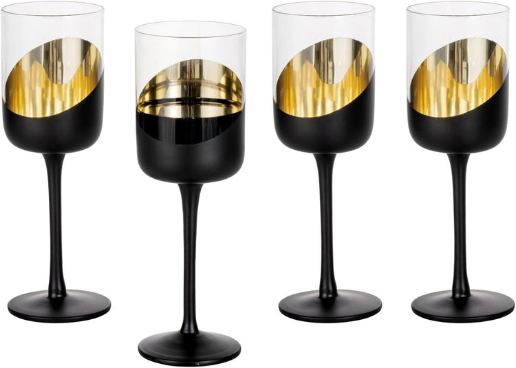Set of 4, 14 oz Tilted Matte Black and Gold Tone Plated Round Stemmed Wine Goblet Glasses, Angled Dipped Stemware-MyGift