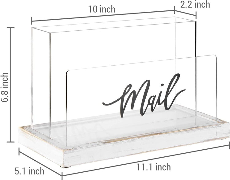 Clear Acrylic Mail Sorter with Removable Whitewashed Wood Tray Base, Desktop Letter Holder with Black Cursive MAIL Label-MyGift
