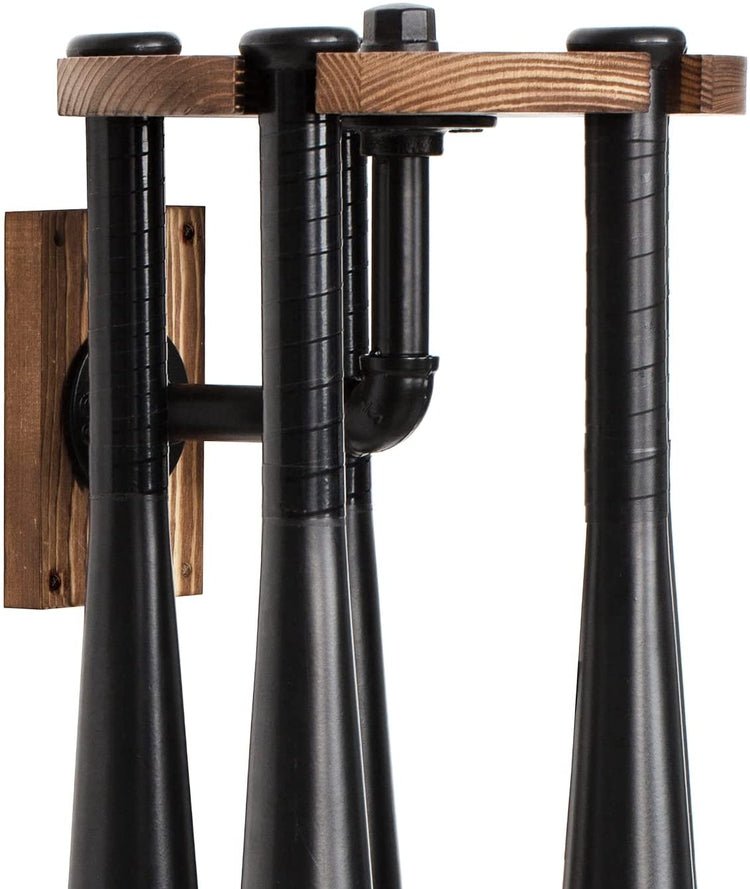 Wall Mounted Baseball Bat Storage Rack, Round Burnt Wood and Industrial Pipe Baseball Bat Hanger-MyGift